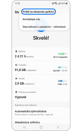 Zobrazenie ponuky ďalších možností na obrazovke Starostlivosť o zariadenie so zvýraznenou položkou Pridať na obrazovku aplikácií.