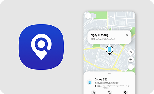 Hình ảnh biểu tượng SmartThings Find với công cụ định vị trên bản đồ.