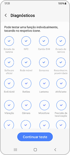 Vista do ecrã “Diagnósticos” com ícones de testes individuais e com o botão “Continuar teste” na parte inferior.