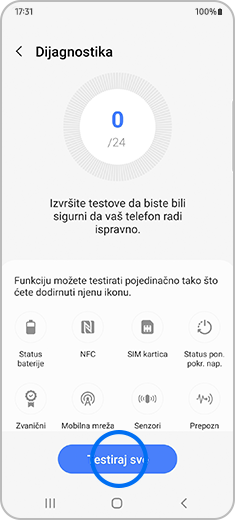 Prikaz svih testova koje možete obaviti pomoću opcije Dijagnostika sa istaknutom opcijom „Testiraj sve“.