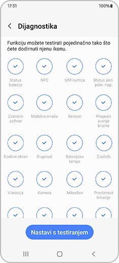 Prikaz ekrana „Dijagnostika“ sa pojedinačnim ikonama za testiranje i dugmetom „Nastavi s testiranjem“ u dnu.