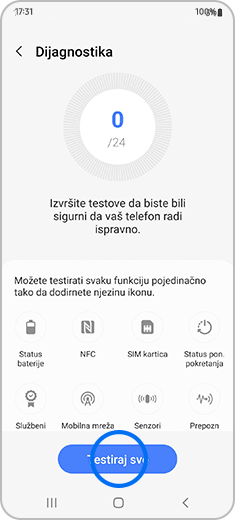 Prikaz svih testiranja koja možete izvršiti s pomoću značajke Dijagnostika s označenom opcijom „Testiraj sve”.