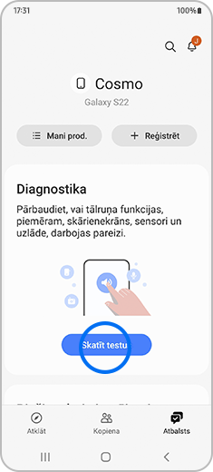 Samsung Members atbalsta ekrāna skats ar izceltu opciju “Skatīt testus”.
