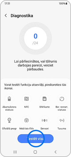 Visu testu skats, ko var veikt ar Diagnostikas funkciju ar izceltu opciju “Testēt visu”.
