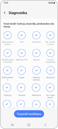 Ekrāna “Diagnostika” skats ar atsevišķām testēšanas ikonām un pogu “Turpināt testēšanu” apakšā.