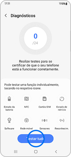 Vista de todos os testes que pode executar com a funcionalidade Diagnósticos e com a opção “Testar tudo” realçada.