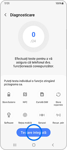 Imagine a tuturor testelor pe care le puteți efectua folosind funcția Diagnosticare, cu opțiunea „Testare integrală” evidențiată.