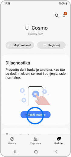 Prikaz ekrana Podrška aplikacije Samsung Members sa istaknutom opcijom „Prikaži testove“.