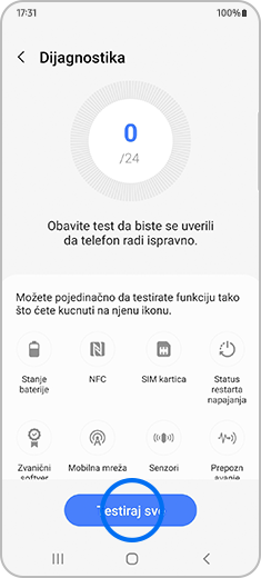 Prikaz svih testova kože možete da obavite putem funkcije Dijagnostika sa istaknutom opcijom „Testiraj sve“.