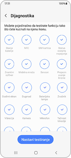 Prikaz ekrana „Dijagnostika“ sa pojedinačnim ikonama za testiranje i dugmetom „Nastavi testiranje“ na dnu.