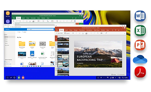 Prikaz ekrana računara s Microsoft™ aplikacijama i OneDrive prozorima i ikonama