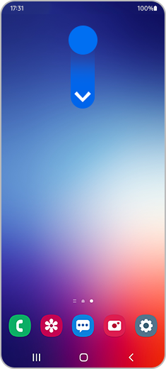Домашний экран смартфона Galaxy S22, на котором показан элемент, который необходимо перемещать пальцем по поверхности экрана сверху вниз.