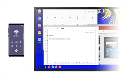 Samsung DeX arama penceresini gösteren bir dizüstü bilgisayarın yanında bir telefon görüşmesi yapan akıllı telefonun görünümü.