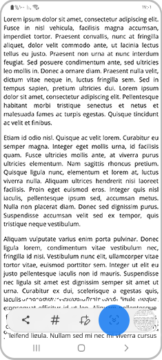 صورة لمعاينة من لقطة شاشة مأخوذة بهاتف جالاكسي، يظهر فيها شريط أدوات الالتقاط بالتمرير في الأسفل، وتم فيها تمييز أيقونة الالتقاط بالتمرير برمز الضغط المطوَّل.