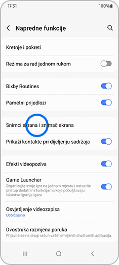 Prikaz ekrana "Napredne funkcije" sa istaknutom opcijom "Snimci ekrana i snimač ekrana".
