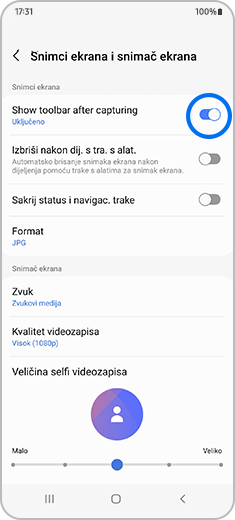 Prikaz ekrana "Snimci ekrana i snimač ekrana" sa uključenim i istaknutim dugmetom za uključivanje/isključivanje "Show toolbar after capturing".