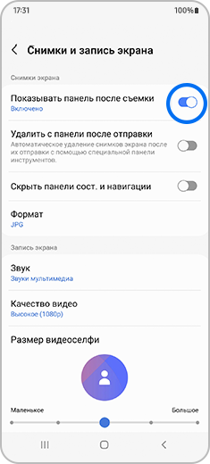 Экран «Снимки и запись экрана» с выделенным переключателем «Показывать панель после съемки» во включенном состоянии.