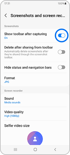 Ekrano „Ekrano nuotraukos ir ekrano įrašymas“ vaizdas su įjungtu ir pažymėtu perjungimo mygtuku „Rodyti įrankių juostą užfiksavus“.