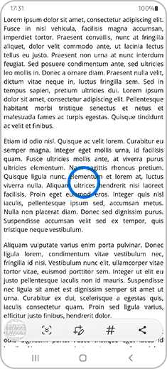 Vue d’un aperçu de capture d’écran d’un téléphone Galaxy avec la barre d’outils de capture d’écran défilante et une pression sur celle-ci.