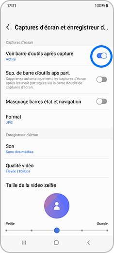 Vue de l’écran « Captures d’écran et enregistreur d’écran » avec le bouton à bascule « Voir barre d’outils après capture » activé et en évidence.