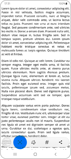 Vue de l’aperçu d’une capture d’écran du téléphone Galaxy avec la barre d’outils de capture d’écran défilante en bas et l’icône de capture d’écran défilante mise en évidence par un symbole de pression prolongée.