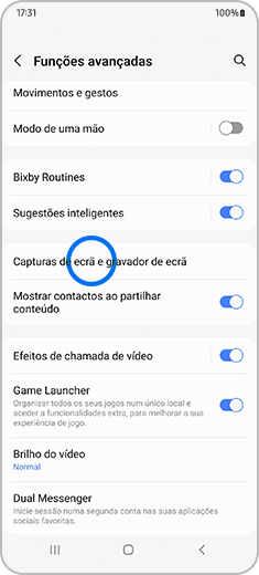 Vista do ecrã de “Funções avançadas” com destaque para a opção “Capturas de ecrã e gravador de ecrã”.