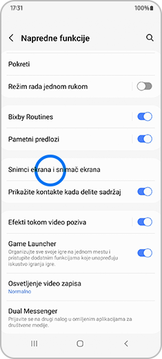 Prikaz ekrana „Napredne funkcije” sa označenom opcijom „Snimci ekrana i snimač ekrana”.