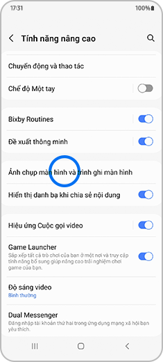 Xem màn hình “Tính năng nâng cao” với tùy chọn “Ảnh chụp màn hình và trình ghi màn hình” được làm nổi bật.