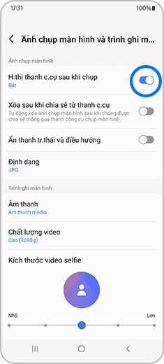 Xem màn hình “Ảnh chụp màn hình và trình ghi màn hình” với nút chuyển đổi “H.thị thanh c.cụ sau khi chụp” được bật lên và làm nổi bật.