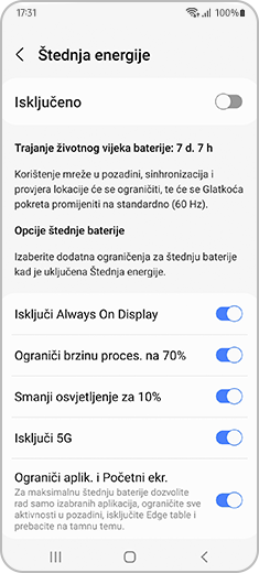 Prikaz ekrana "Štednja energije" s uključenim dugmetom za uključivanje/isključivanje "Opcije štednje baterije".