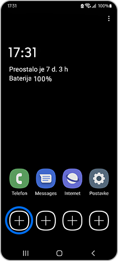 Prikaz početnog ekrana s aktiviranim načinom rada štednje energije i istaknutom ikonom za dodavanje aplikacija.