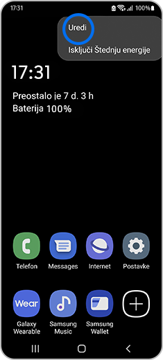 Prikaz početnog ekrana s dodirivanjem opcije "Uredi".