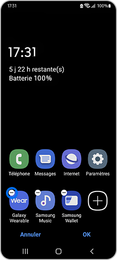 Vue de l’écran d’accueil avec un geste de pression sur l’icône de suppression.