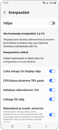 Energiasäästu kuva, kus on sisse lülitatud energiasäästu valikute nupud.