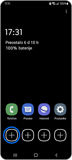 Prikaz početnog zaslona s aktiviranim režimom štednje baterije i istaknutom ikonom za dodavanje aplikacija.