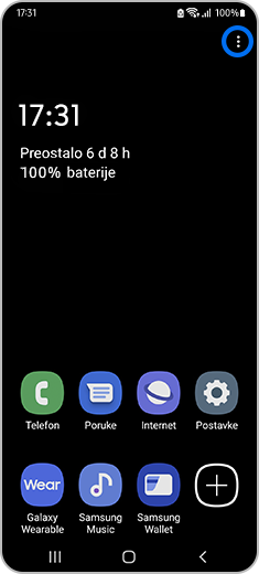 Prikaz početnog zaslona s aktiviranim režimom štednje baterije i istaknutom ikonom za više opcija.