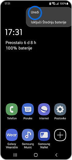 Prikaz početnog zaslona s dodirom na ikonu „Uredi“.