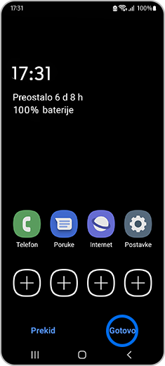 Prikaz početnog zaslona s istaknutom stavkom „Gotovo“