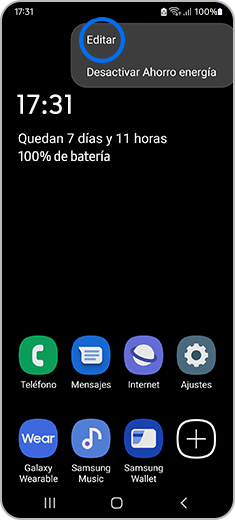 Vista de la pantalla de inicio con un gesto de presionar en la opción “Editar”.
