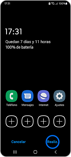 Vista de la pantalla de inicio con la opción “Realiz.” destacada.