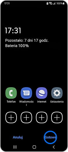 Widok ekranu startowego z podświetloną opcją „Gotowe”.