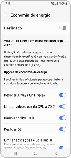 Vista do ecrã “Economia de energia” com os botões de comutação das “Opções de economia de energia” ligados.