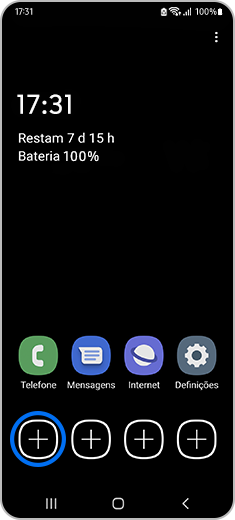 Vista do ecrã inicial com o modo de Economia de energia ligado e com destaque para o ícone de adicionar aplicações.
