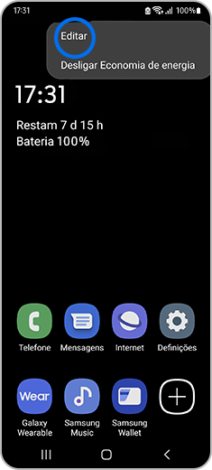 Vista do ecrã inicial com um toque na opção “Editar”.