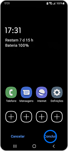 Vista do ecrã inicial com destaque para a opção “Concluir”.