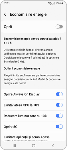 Imagine cu ecranul „Economisire energie”, cu butoanele de comutare „Opțiuni economisire energie” activate.