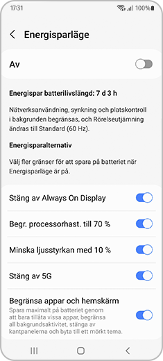 Visa skärmen ”Energisparläge” med växlingsknapparna för ”Energisparalternativ” påslagna.