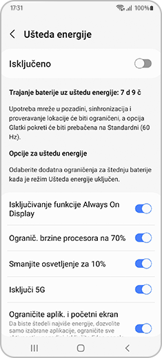 Prikaz ekrana „Ušteda energije” sa uključenim preklopnim dugmadima u okviru menija „Opcije uštede baterije”.