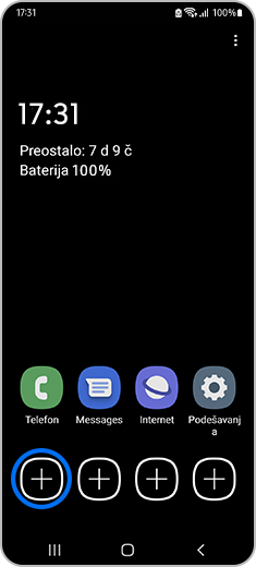 Prikaz početnog ekrana sa aktiviranim režimom uštede baterije i označenom ikonom za dodavanje aplikacija
