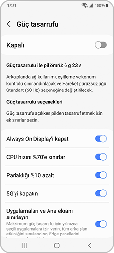 “Güç tasarrufu seçenekleri” geçiş düğmelerinin açık olduğu “Güç tasarrufu” ekranının görünümü.